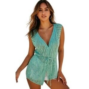 Nekane NKN Lorenza Knit Vest Women S/M Green Excellent Boho Button Tie Waist EUC